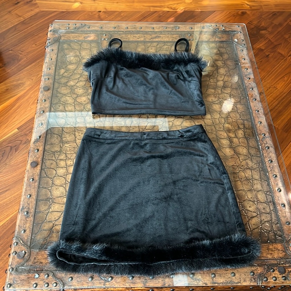 Kittenish - Black Velvet with Fur Trim Two Piece Skirt Set